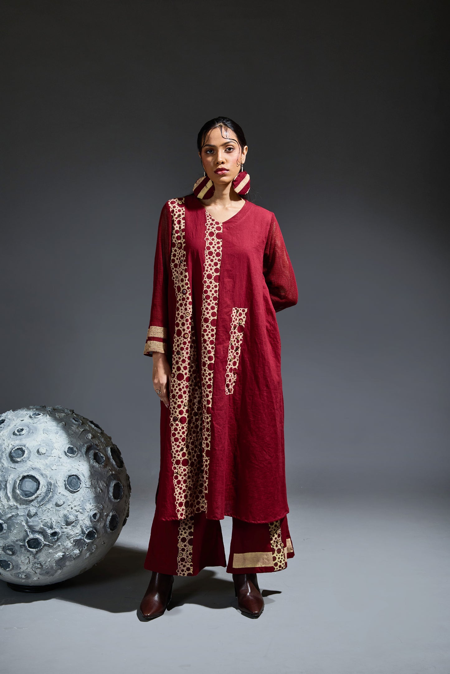 Crater Molten Maroon Kurta Set (Set of 3)