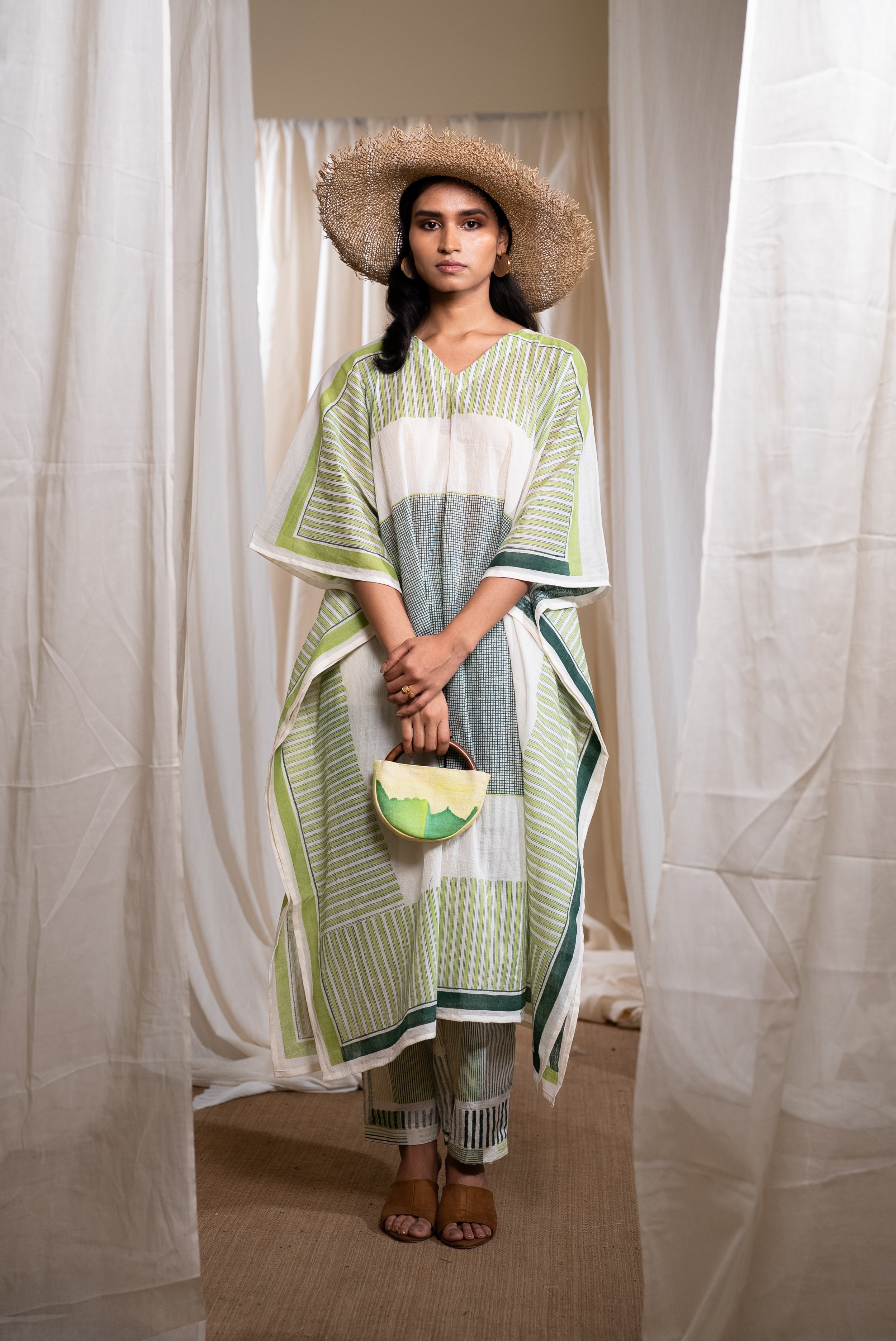 MARINA piano mul Kaftan with pants and Slip (Set of 3)