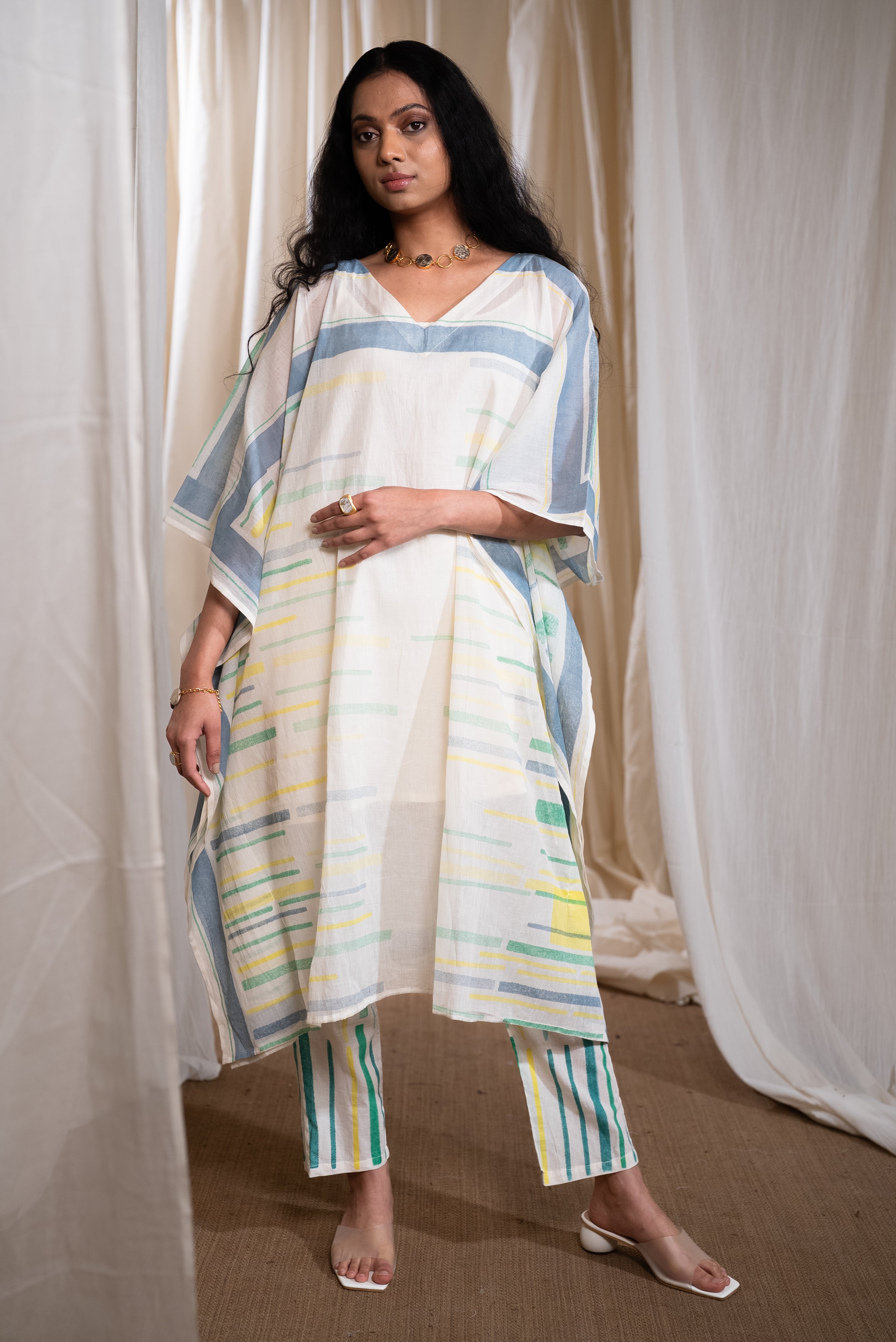 MARINA slab mul Kaftan with pants and Slip (Set of 3)