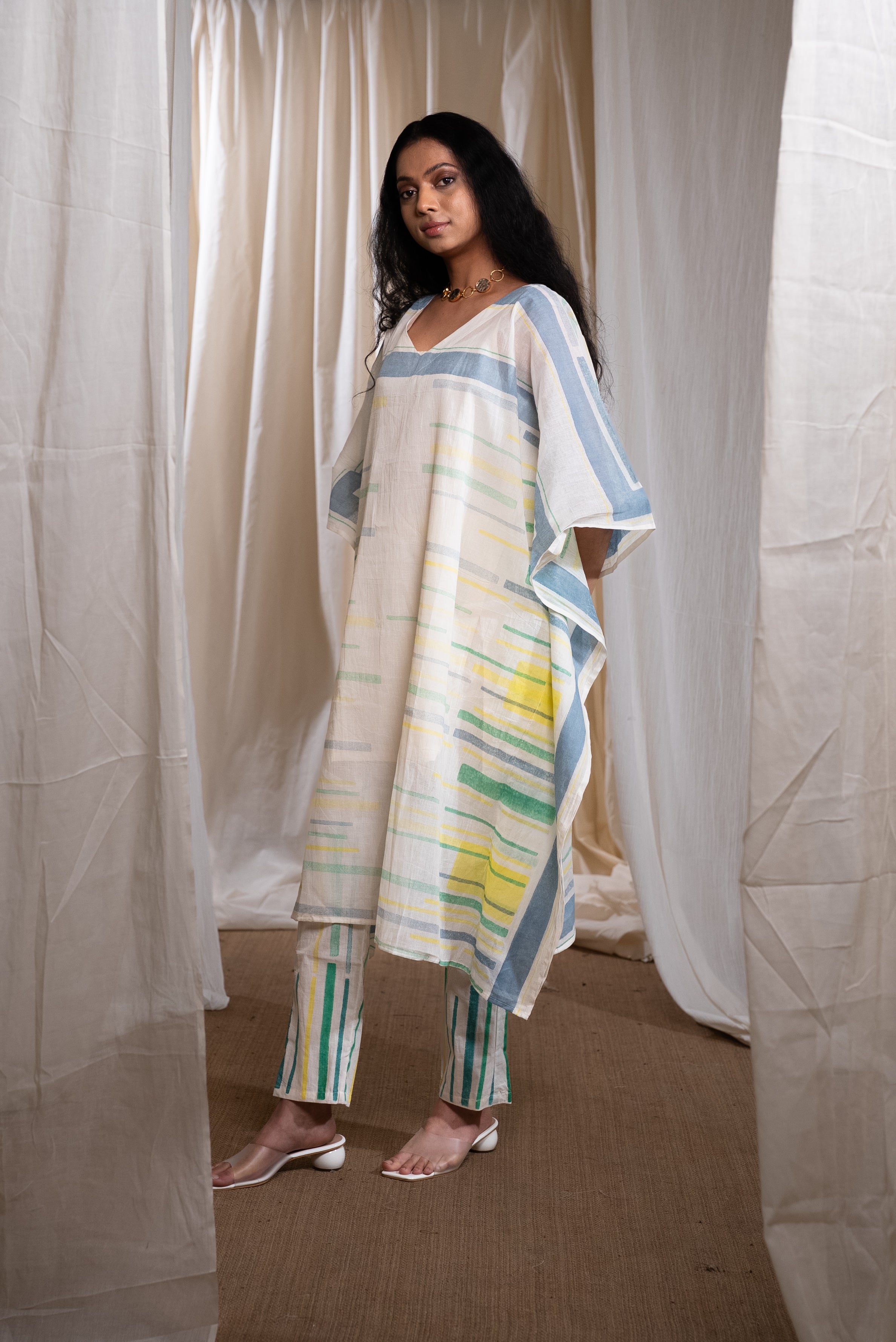 MARINA slab mul Kaftan with pants and Slip (Set of 3)