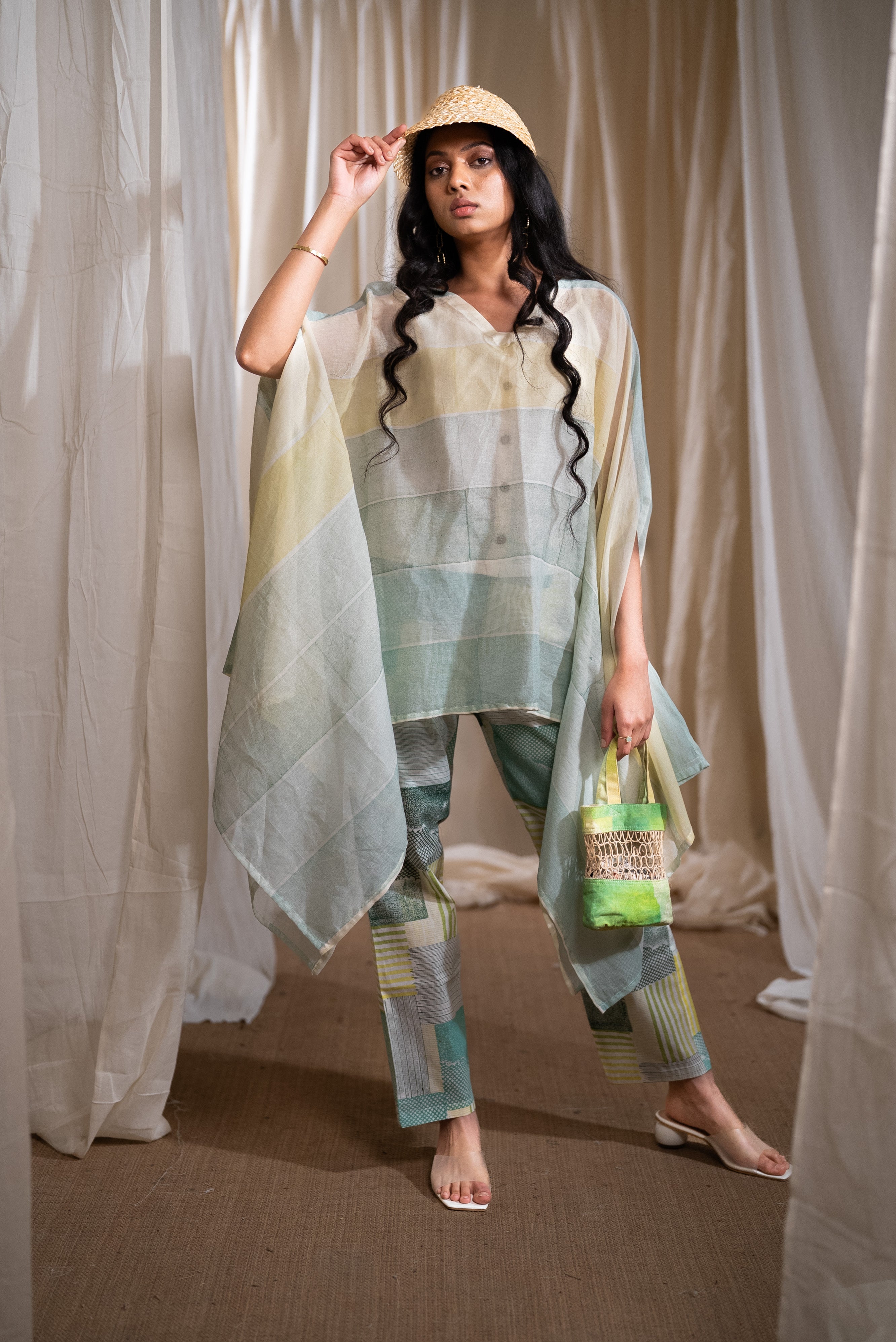 MARINA piano mul Kaftan with pants and Slip (Set of 3)