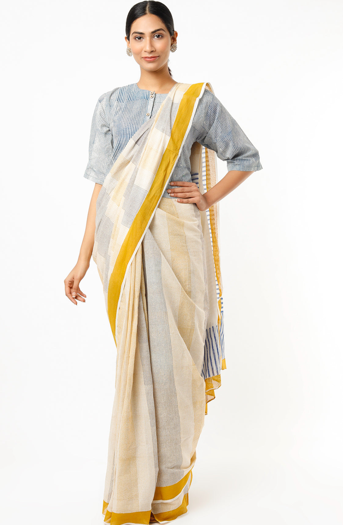 BANANA Yellow-Blue Micro Saree with Crop Top