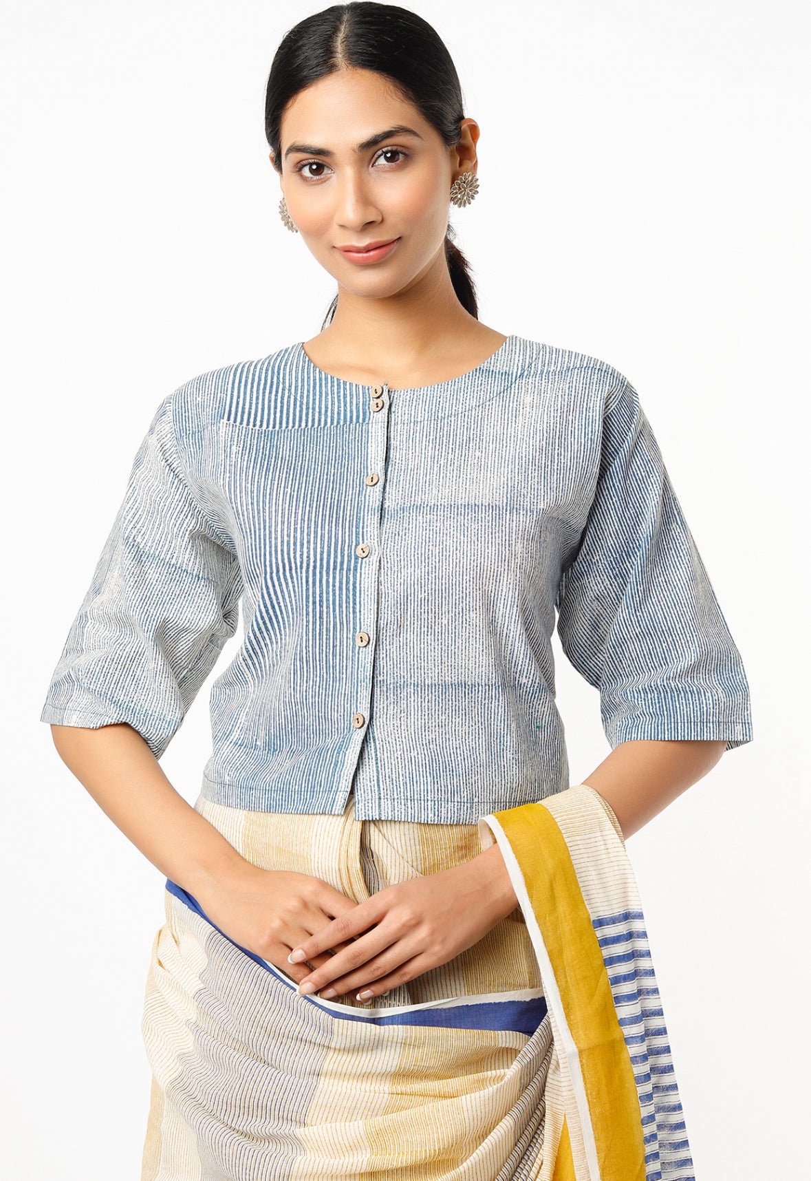 BANANA Yellow-Blue Micro Saree with Crop Top