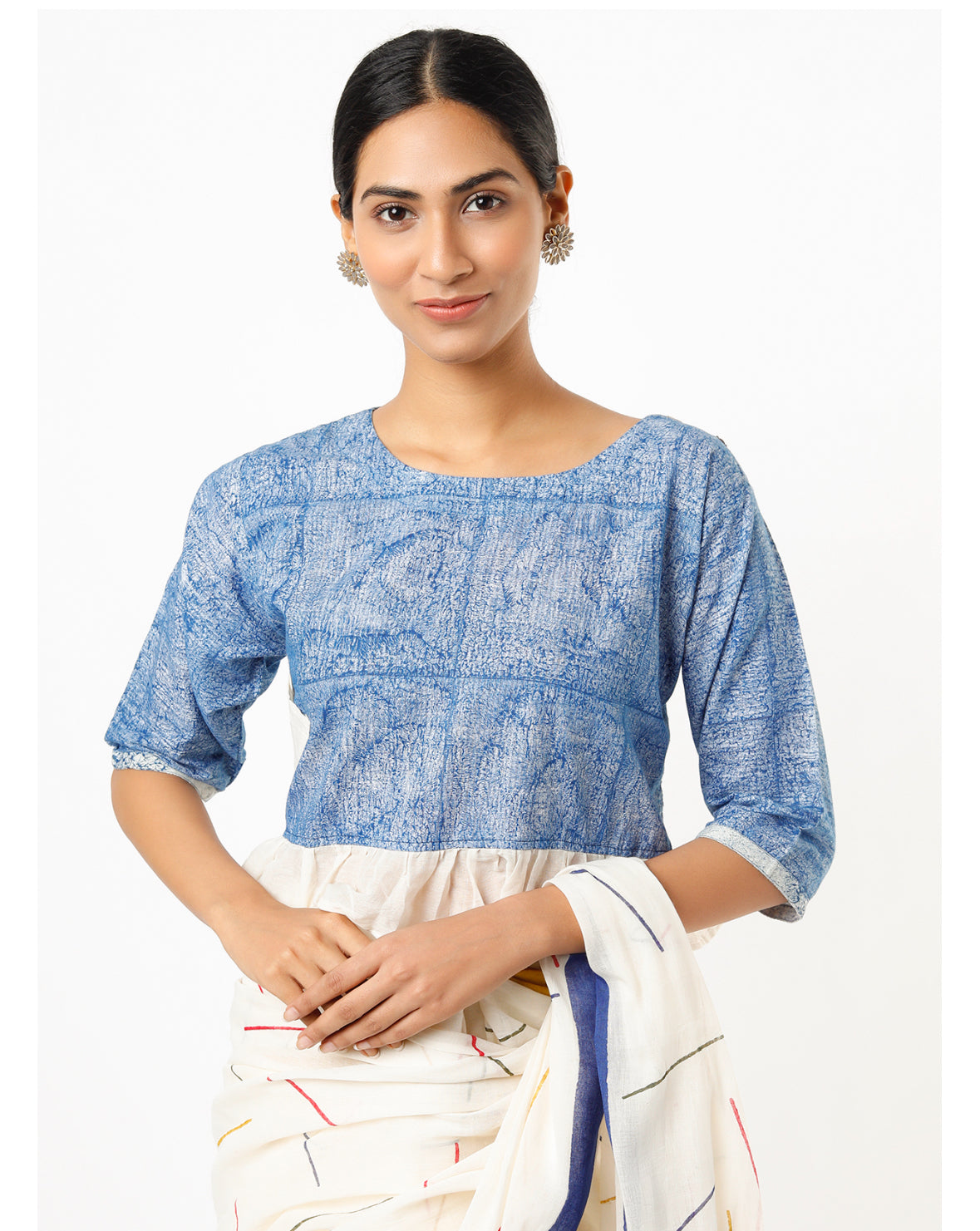 BANANA Yellow-Blue Sprinkle Saree with Blouse