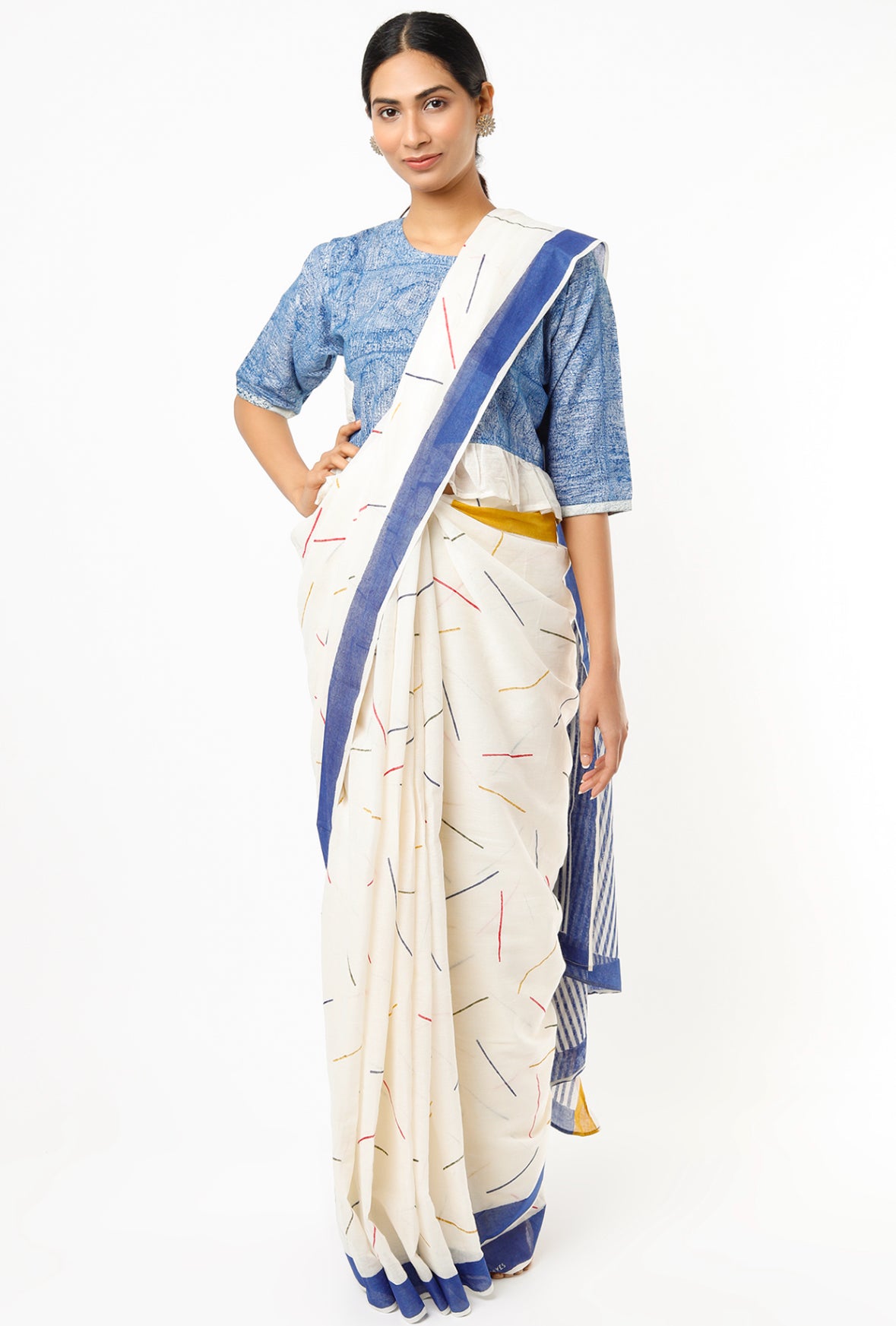 BANANA Yellow-Blue Sprinkle Saree with Blouse