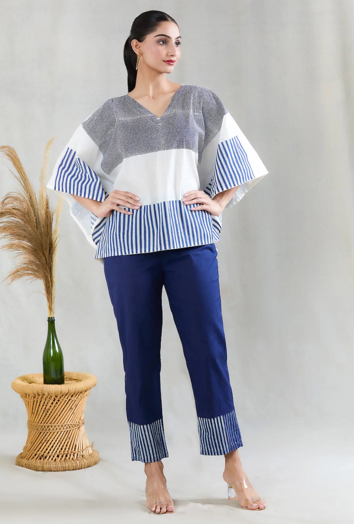 White and Navy Short Kaftan with Pants (Set of 2)