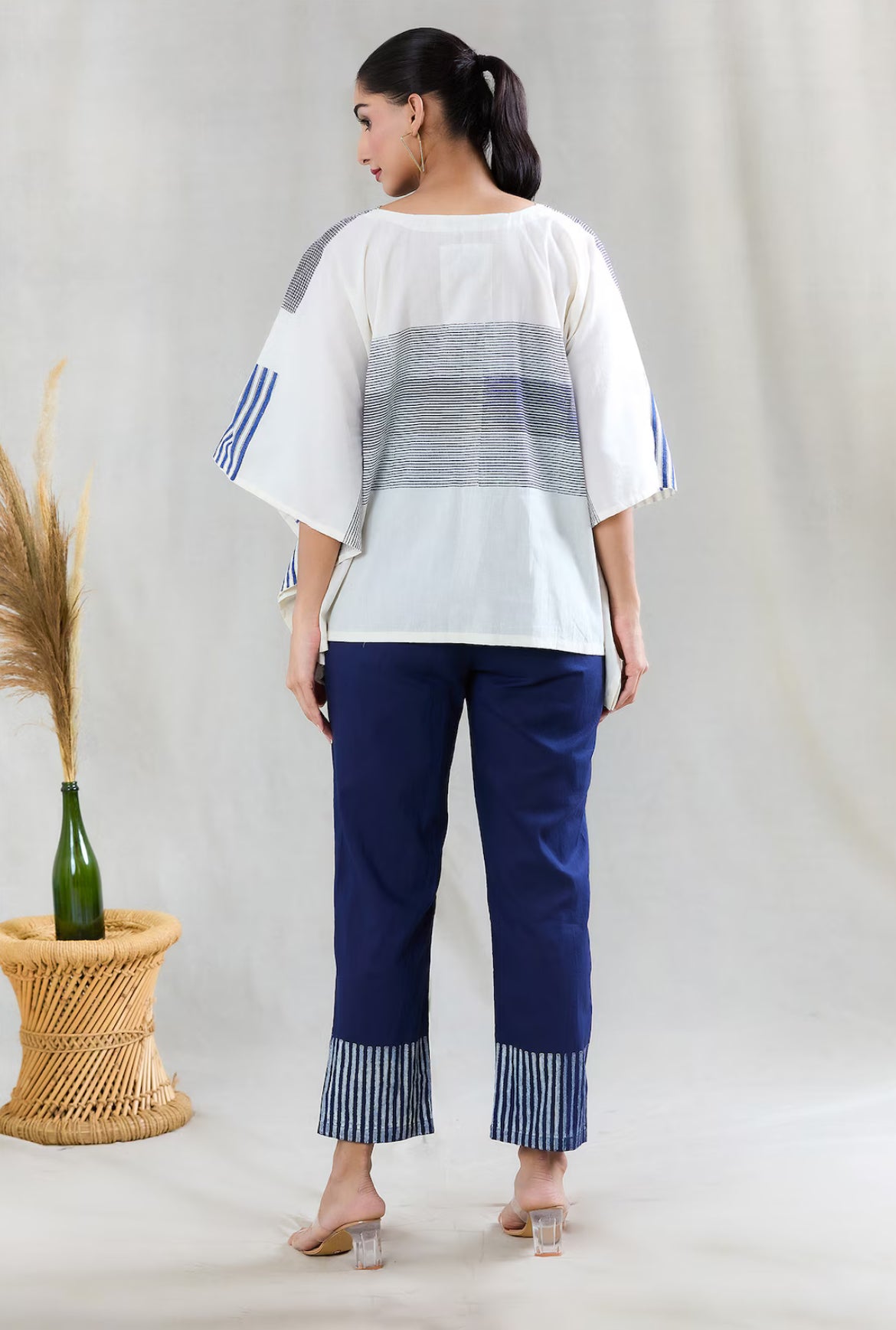 White and Navy Short Kaftan with Pants (Set of 2)