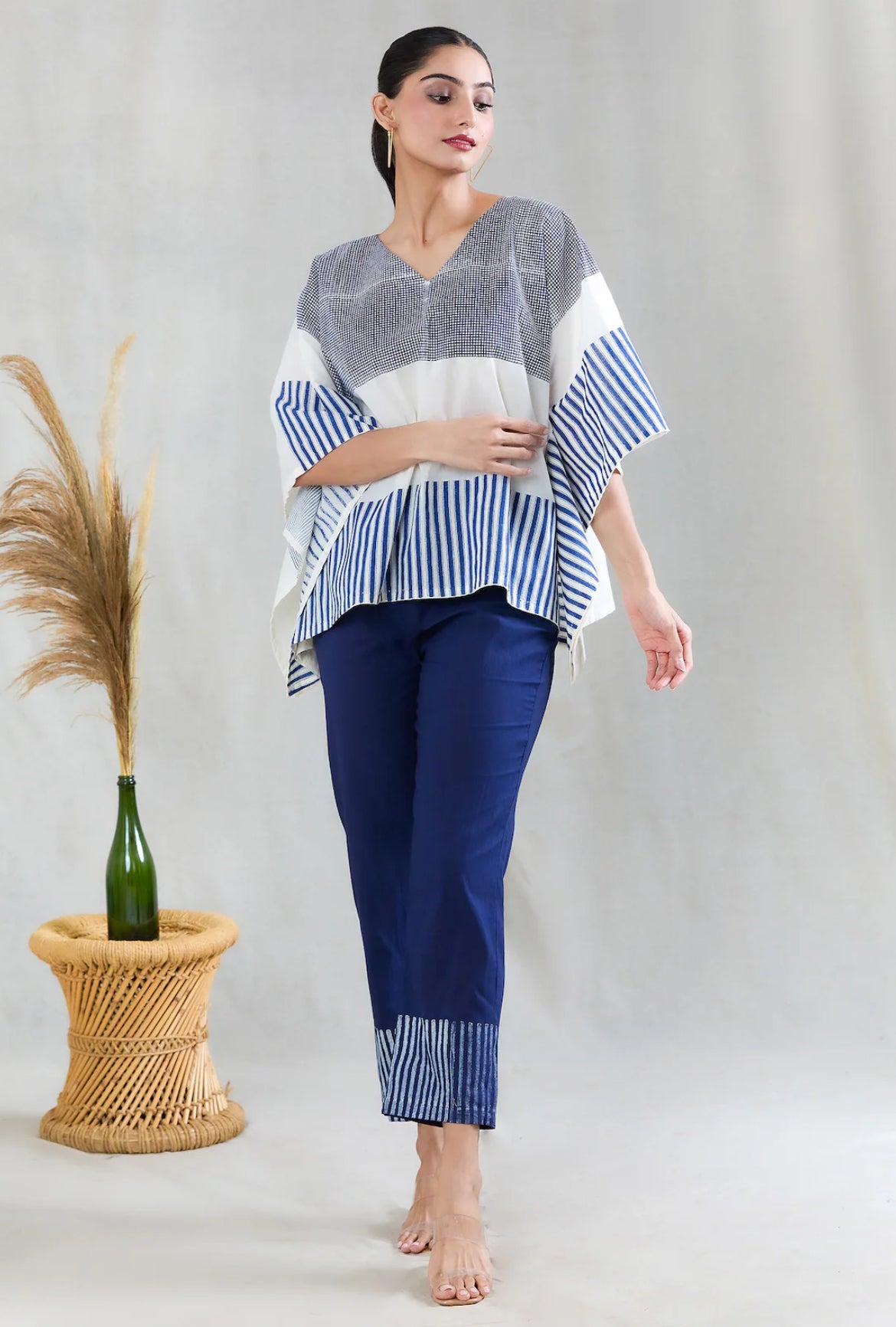 White and Navy Short Kaftan with Pants (Set of 2)