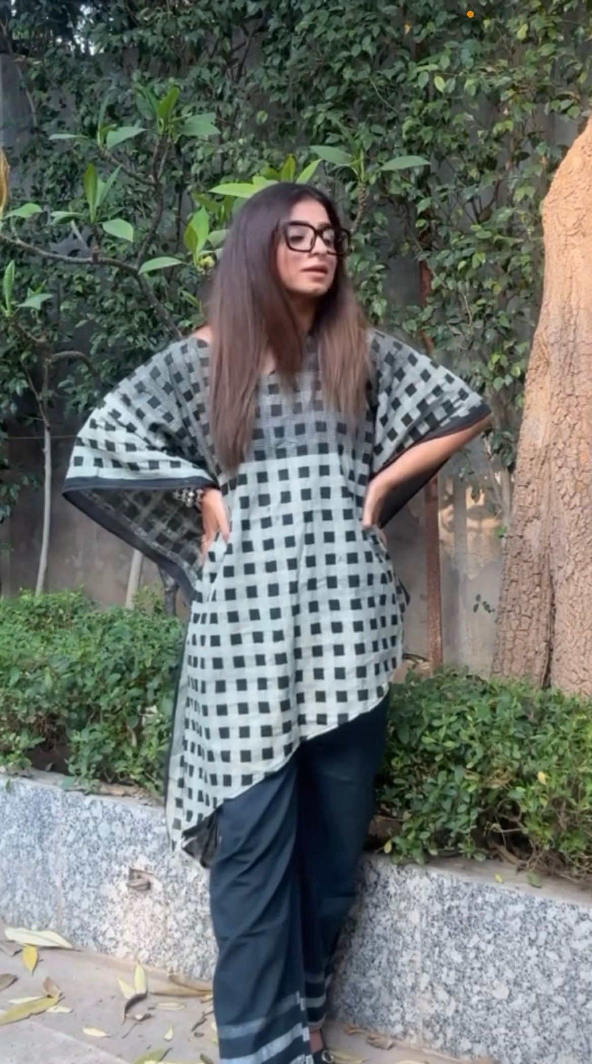 Charcoal Grid Kaftan and Pants Coordinate (Set of 2)