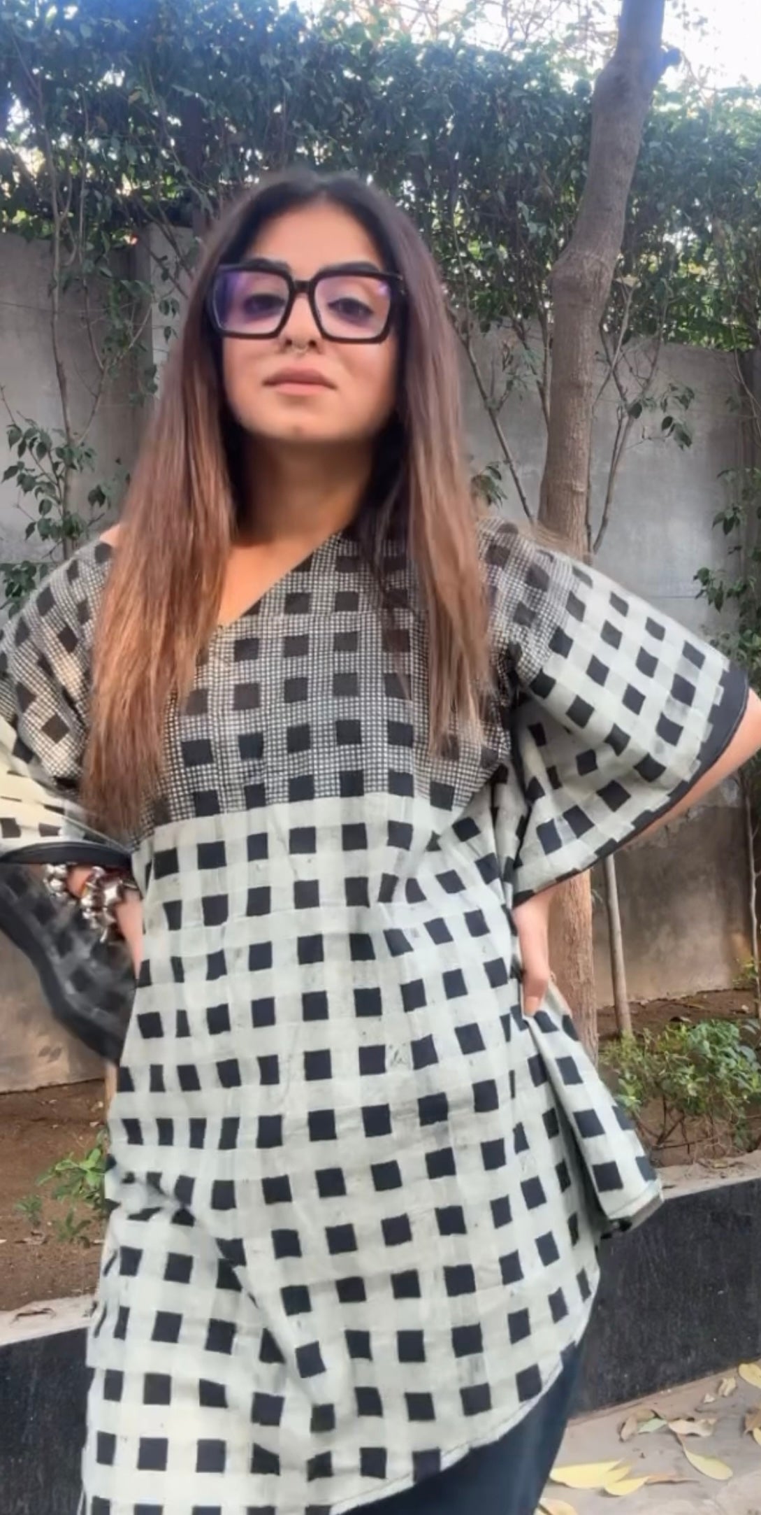 Charcoal Grid Kaftan and Pants Coordinate (Set of 2)