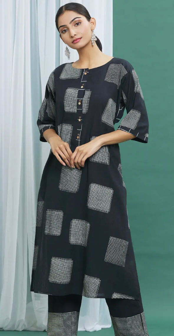 Monochrome Black Straight Cotton Handblock Print Kurta