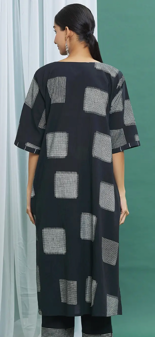 Monochrome Black Straight Cotton Handblock Print Kurta