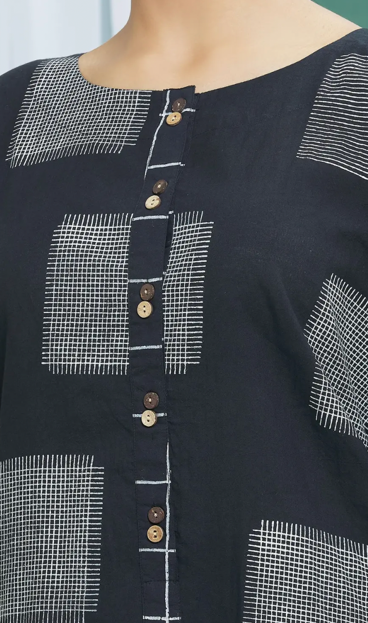 Monochrome Black Straight Cotton Handblock Print Kurta