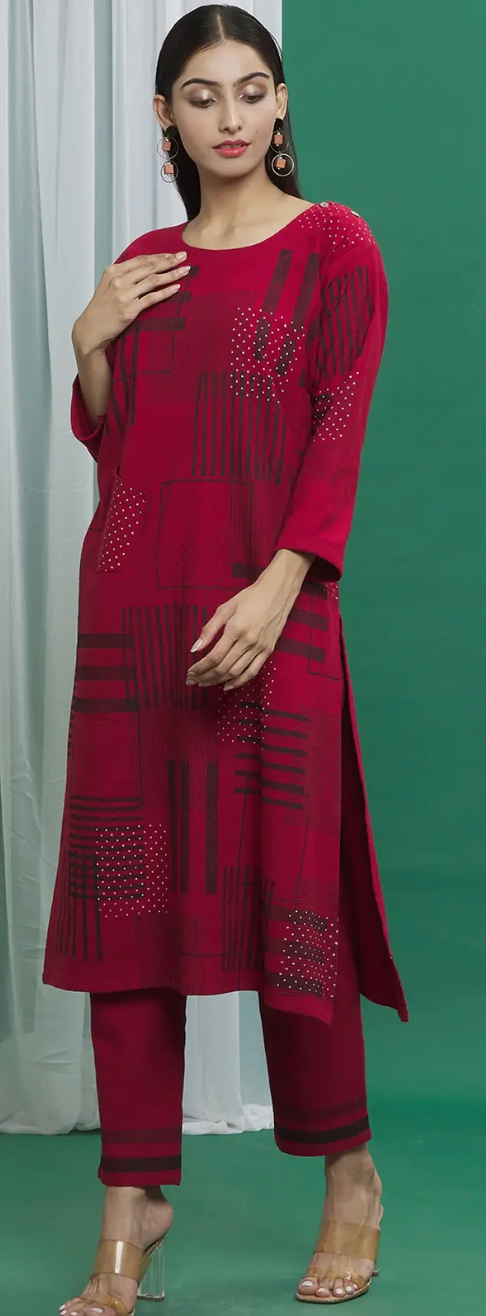 Maroon Cotton Abstract Print Kurta And Pant Set(Set of 2)