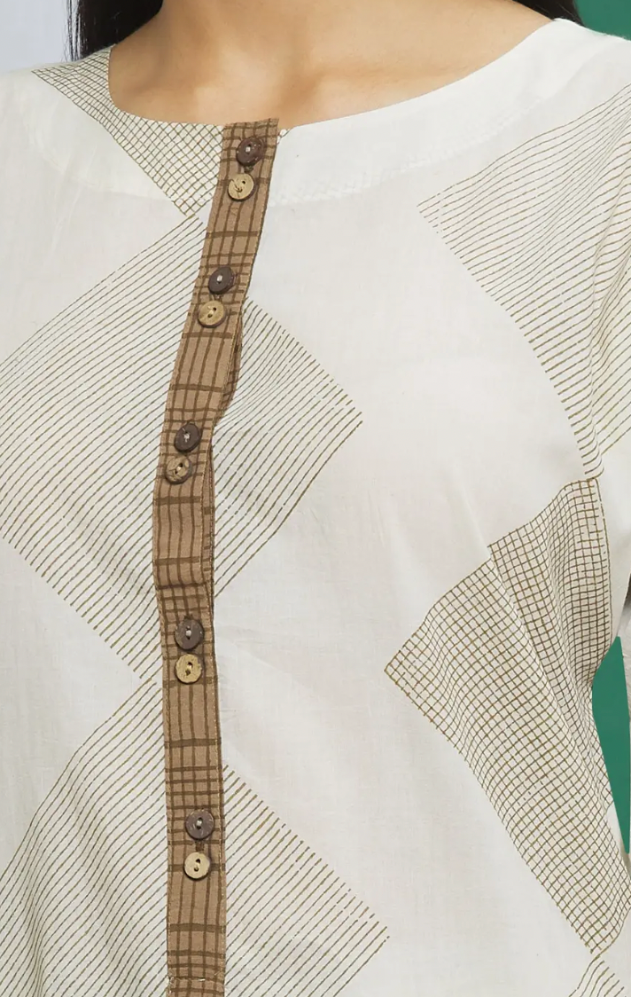 White Cotton Geometric Print Kurta Palazzo Set (Set of 3)