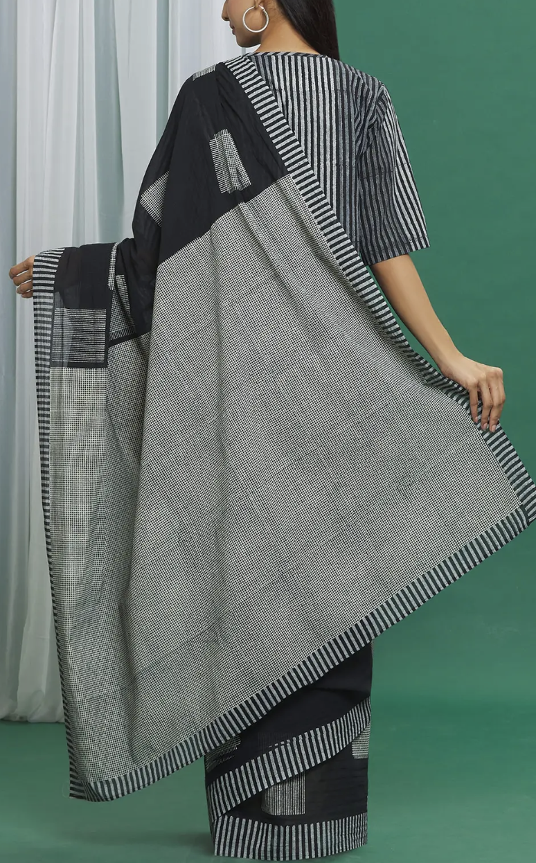 Black Cotton Square Pattern Saree With Crop Top