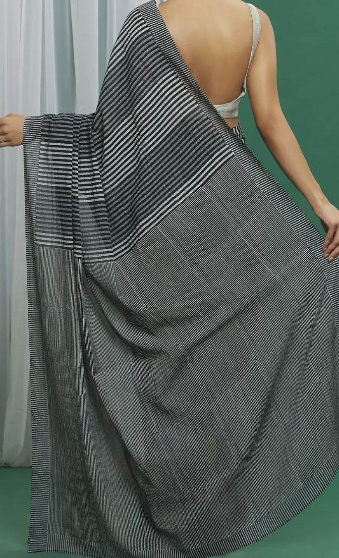 Black Cotton Striped Saree