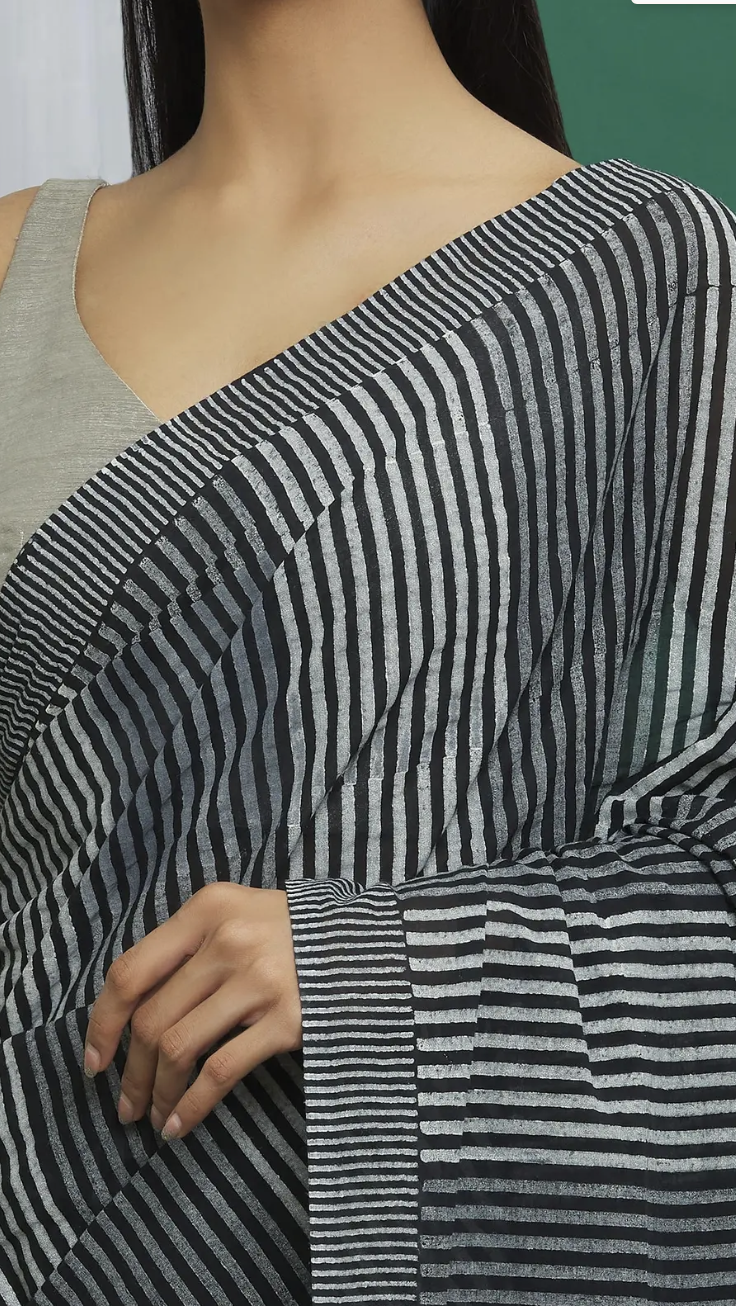 Black Cotton Striped Saree