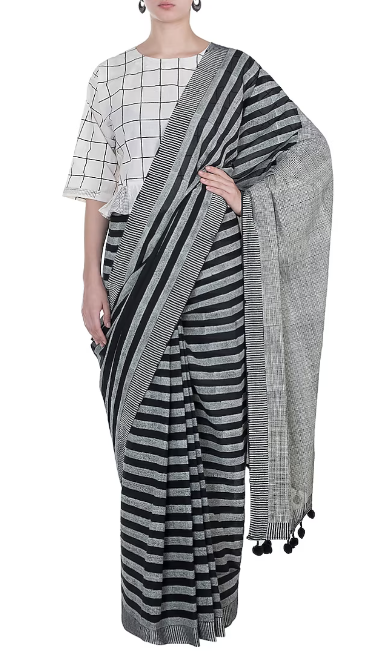 Monochrome Black Geometric Block Printed Saree