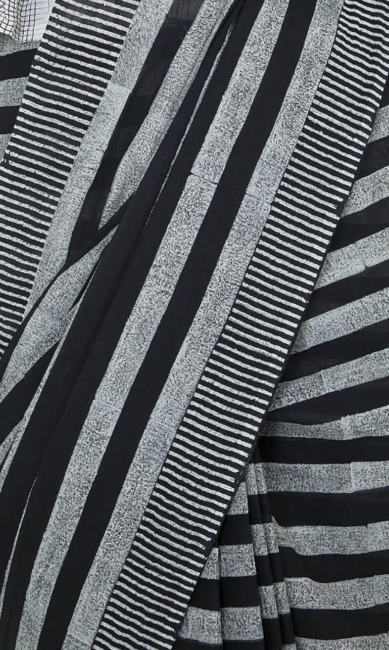 Monochrome Black Geometric Block Printed Saree