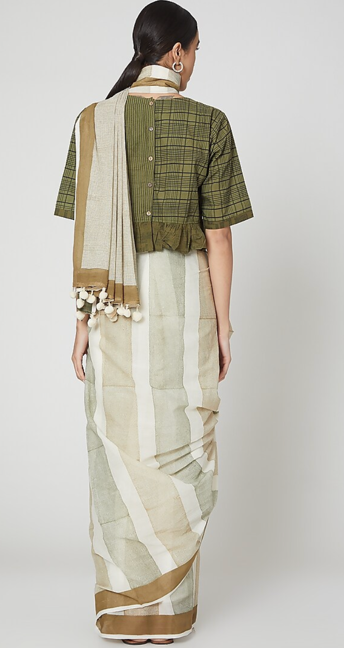 White & Green Geometric Printed Saree Set