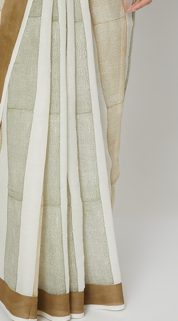 White & Green Geometric Printed Saree Set