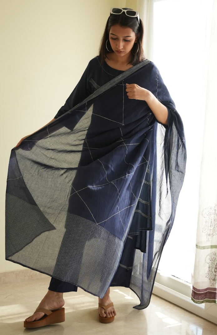 Crossroads Navy Wave Kurta Set (Set of 3)