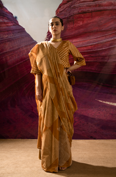Aurum Gold Block Arizona Mustard Saree