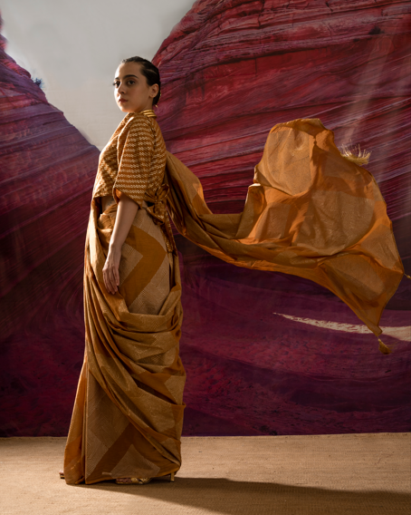 Aurum Gold Block Arizona Mustard Saree