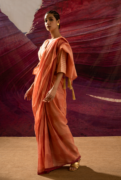 Aurum Wave Arizona Peach Saree and Blouse (Set of 2)