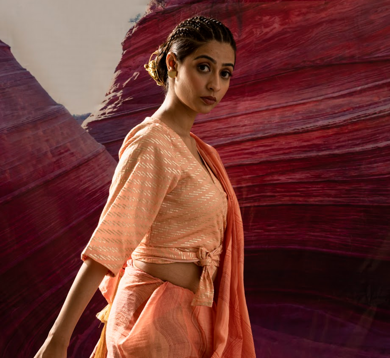 Aurum Wave Arizona Peach Saree and Blouse (Set of 2)