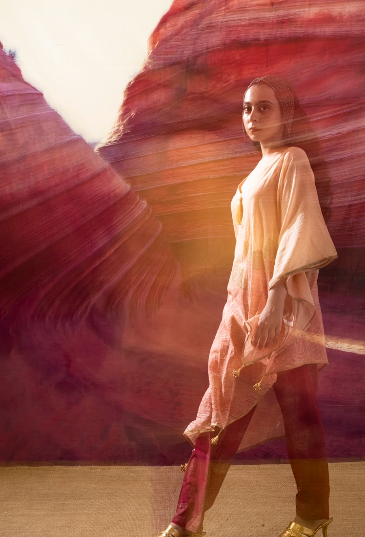 Aurum Way asymmetrical Peach Kaftan with Pants (Set of 2)