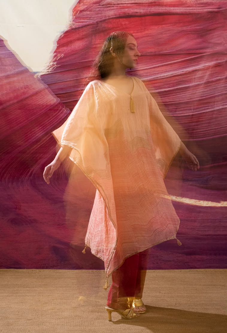 Aurum Way asymmetrical Peach Kaftan with Pants (Set of 2)