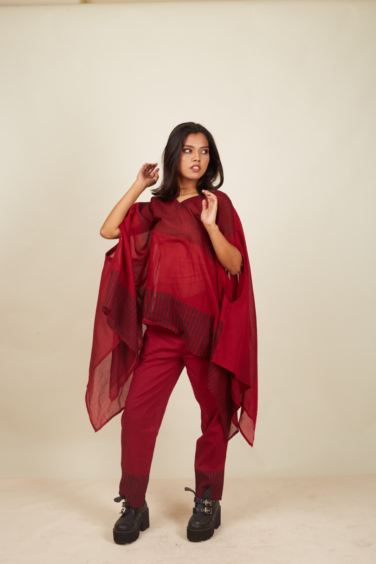 Crossroads Wind Maroon Kaftan with Pants (Set of 2)