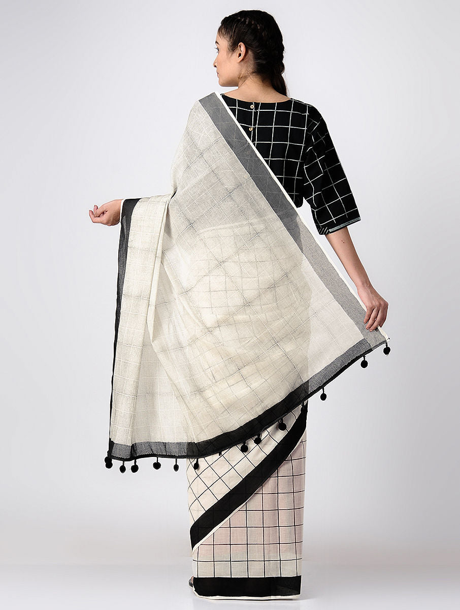 Grid White Saree