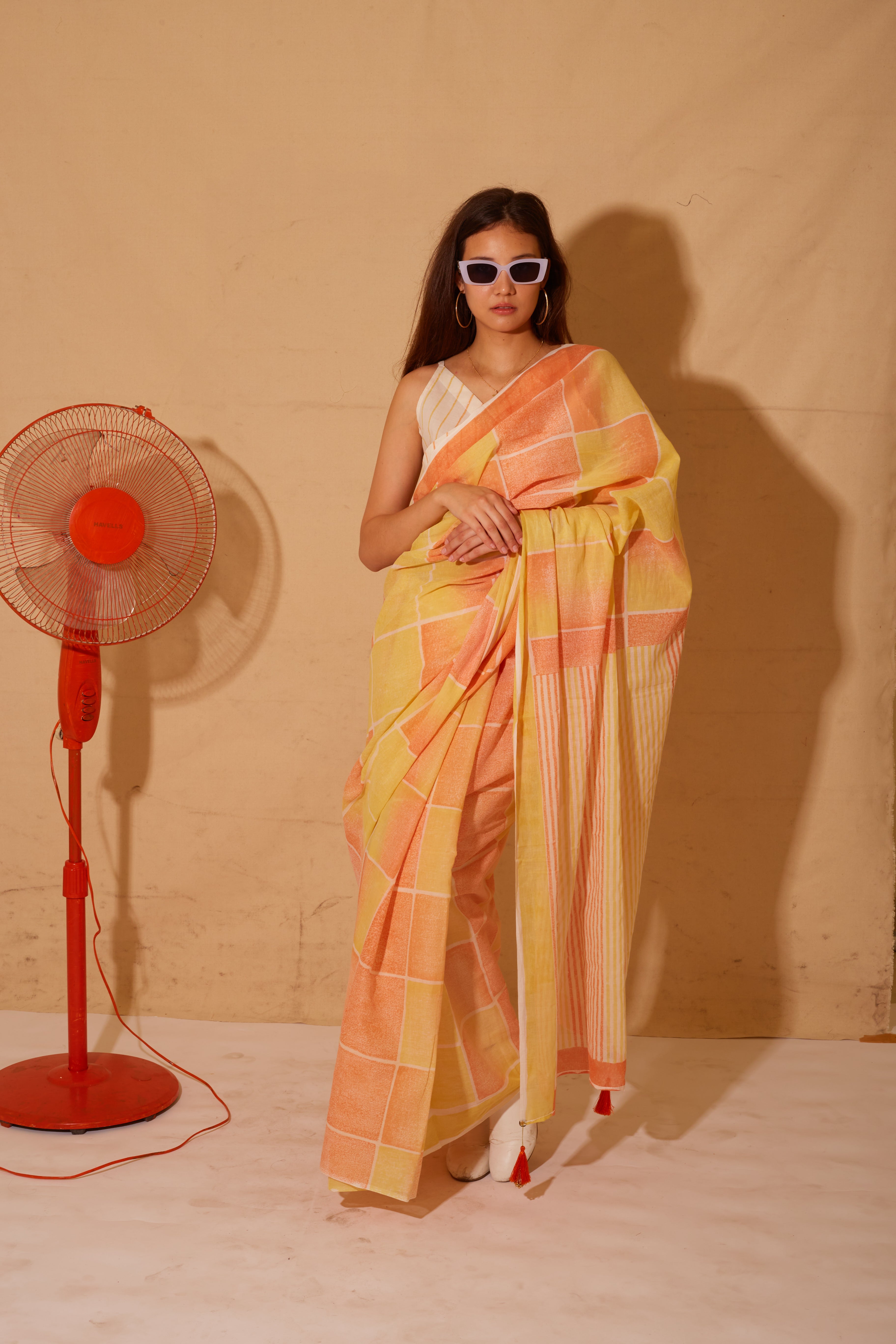 Banana Orangey Yellow Saree with Dandelion Crop top