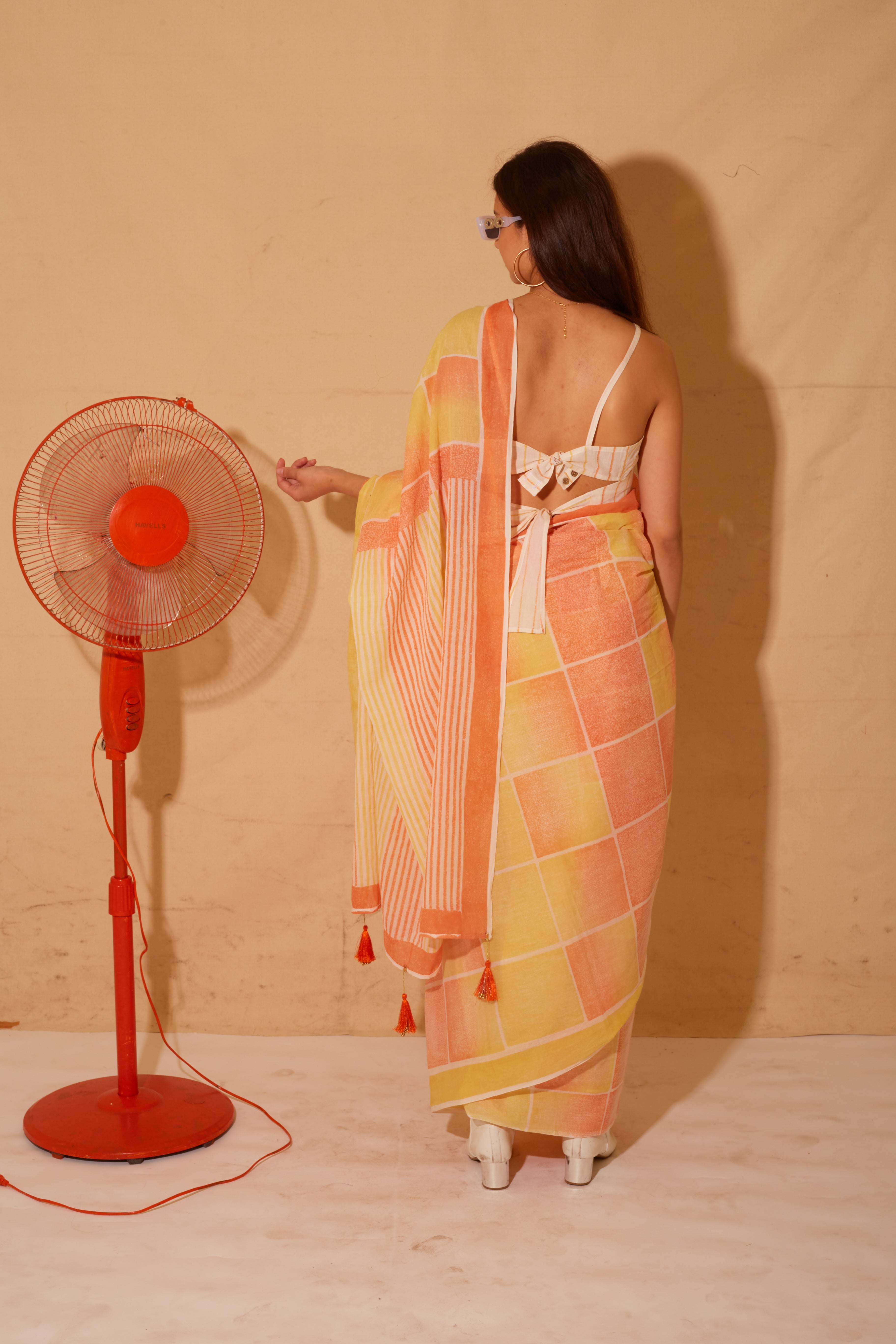 Banana Orangey Yellow Saree with Dandelion Crop top
