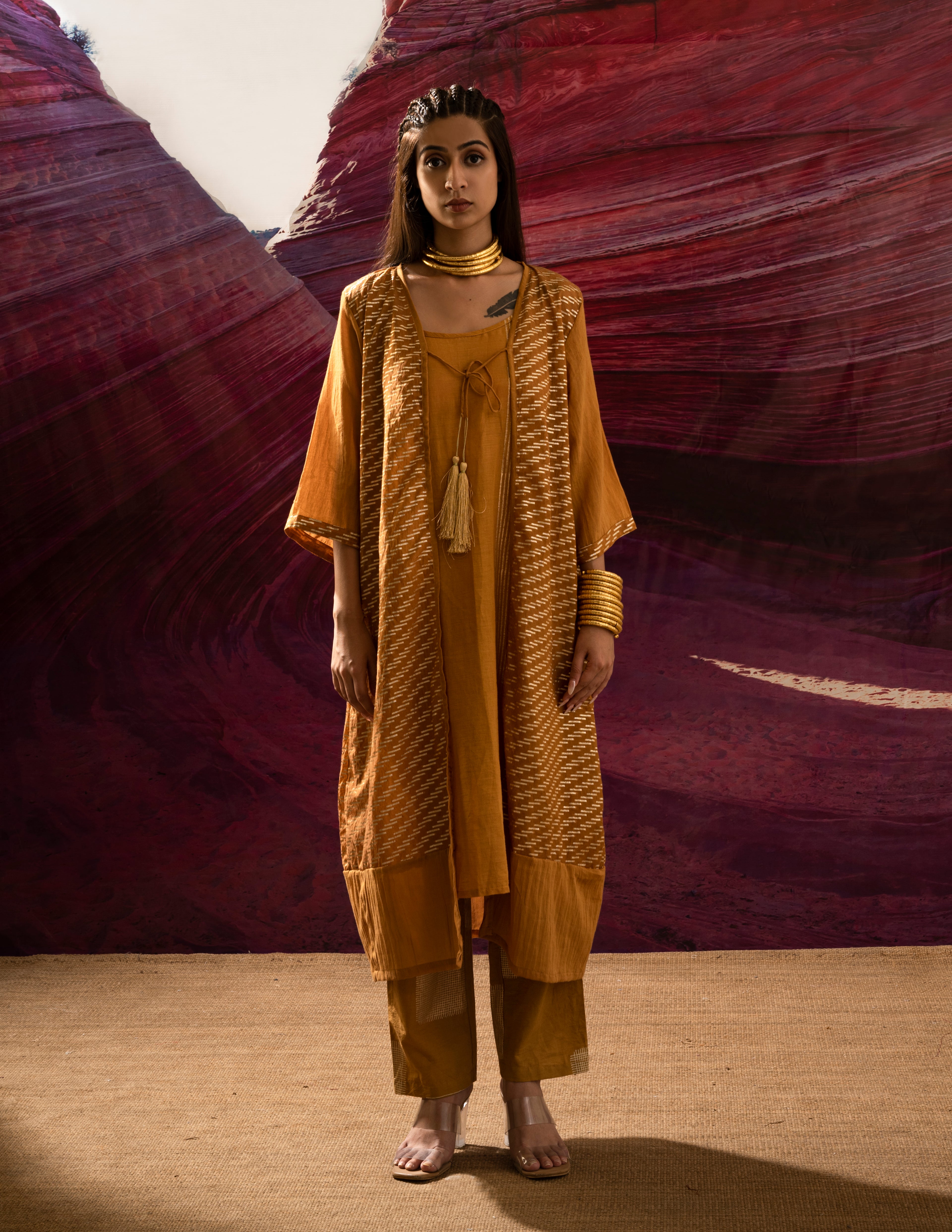 Aurum Shock Mustard Zari Kurta Set (Set of 3)