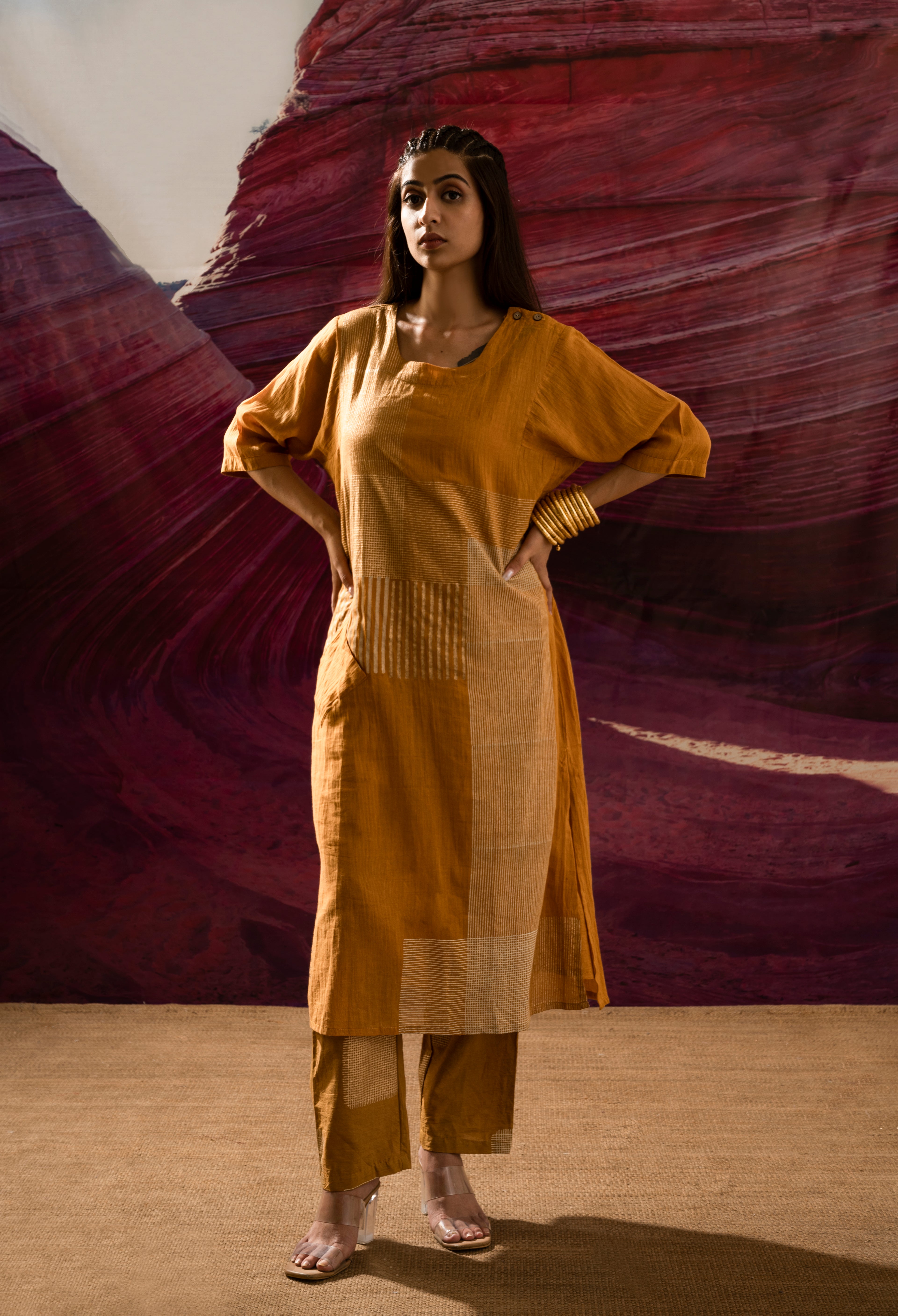 Aurum Chock Block Mustard Kurta and Pants (Set of 2)
