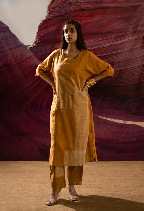 Aurum Chock Block Mustard Kurta and Pants with Dupatta(Set of 3) - BANANA labs