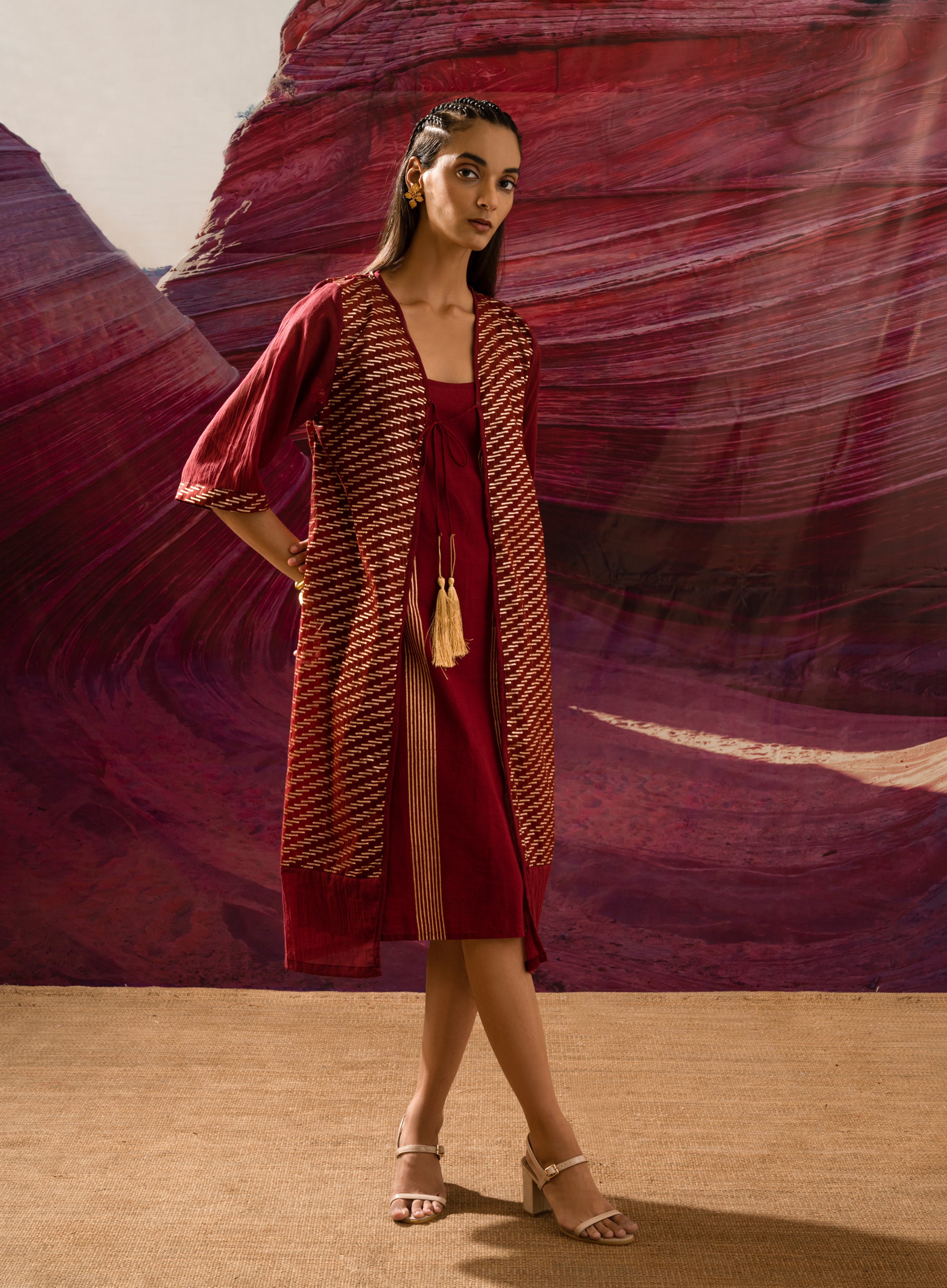 Aurum Gilded Maroon Dress and Shrug (Set of 2)