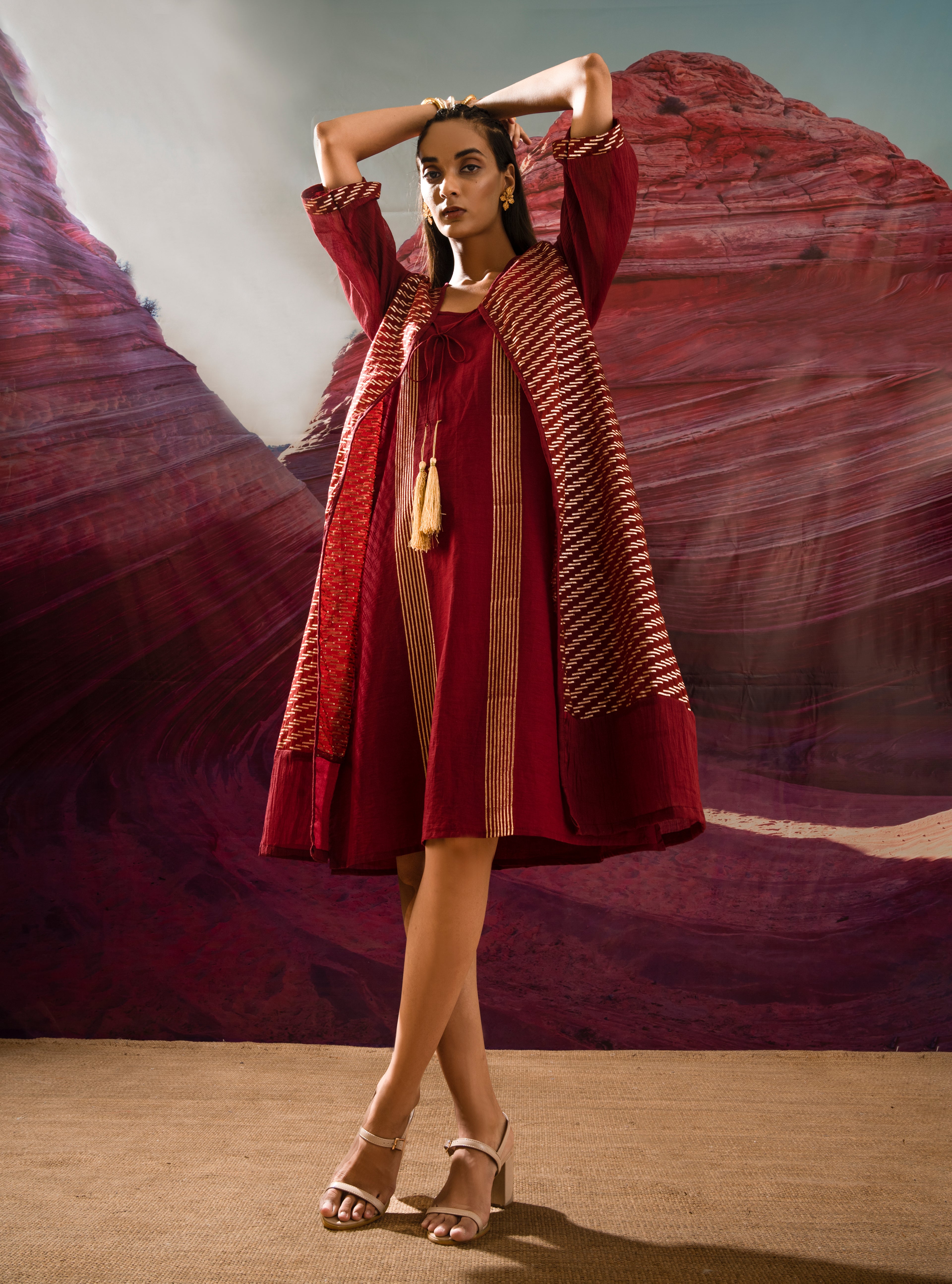 Aurum Gilded Maroon Dress and Shrug (Set of 2)