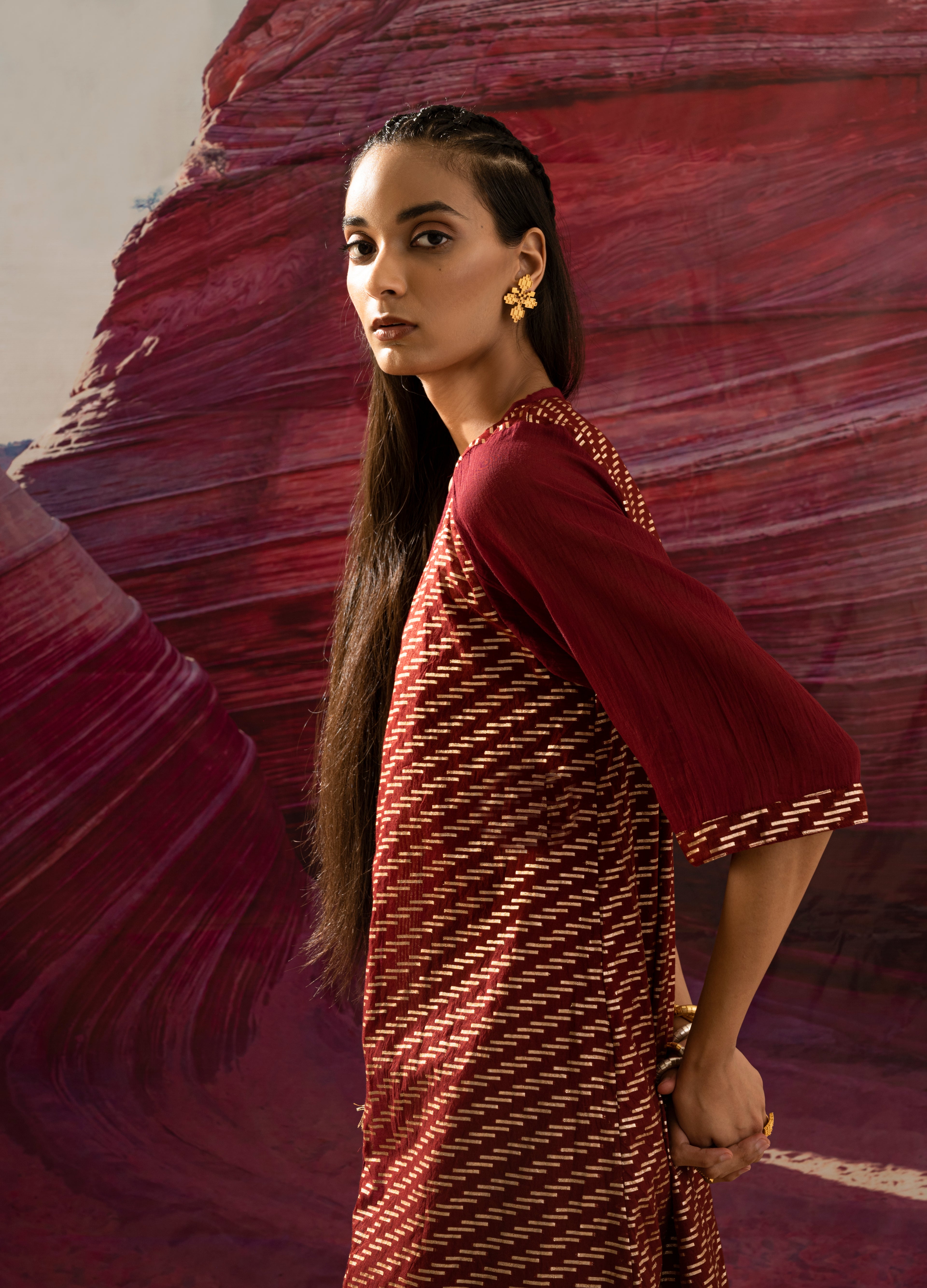Aurum Gilded Maroon Dress and Shrug (Set of 2)