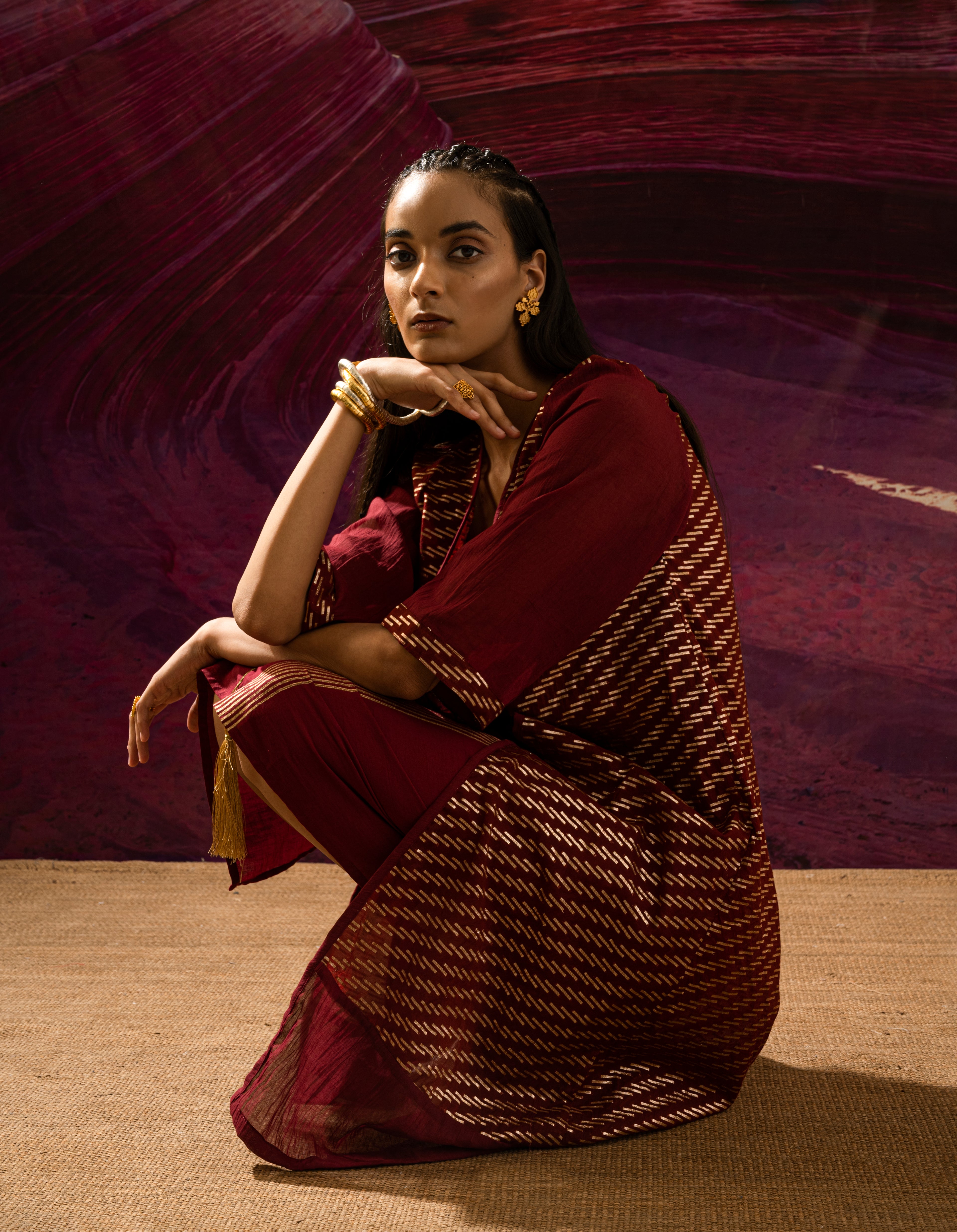 Aurum Gilded Maroon Dress and Shrug (Set of 2)