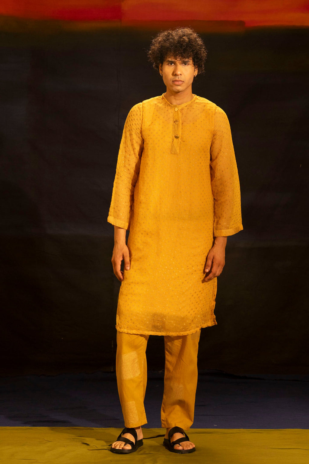 Illume Man Rivet Mustard Kota Kurta with lining