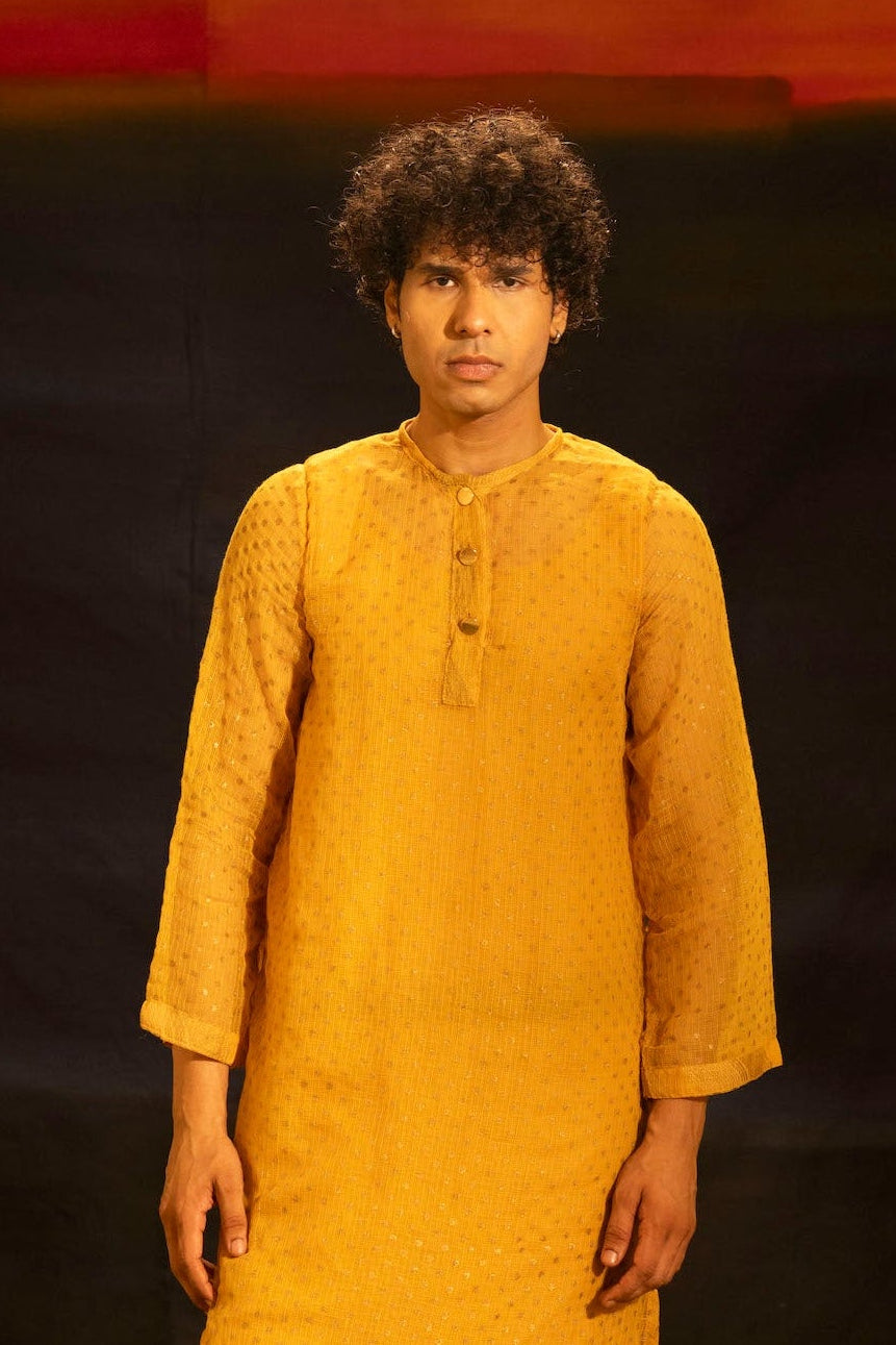 Illume Man Rivet Mustard Kota Kurta with lining
