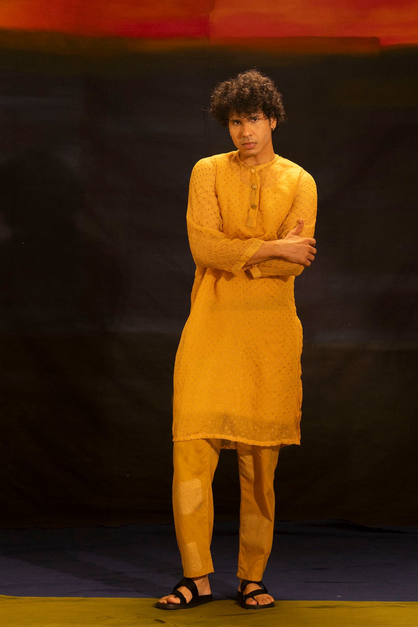 Illume Man Rivet Mustard Kota Kurta with lining