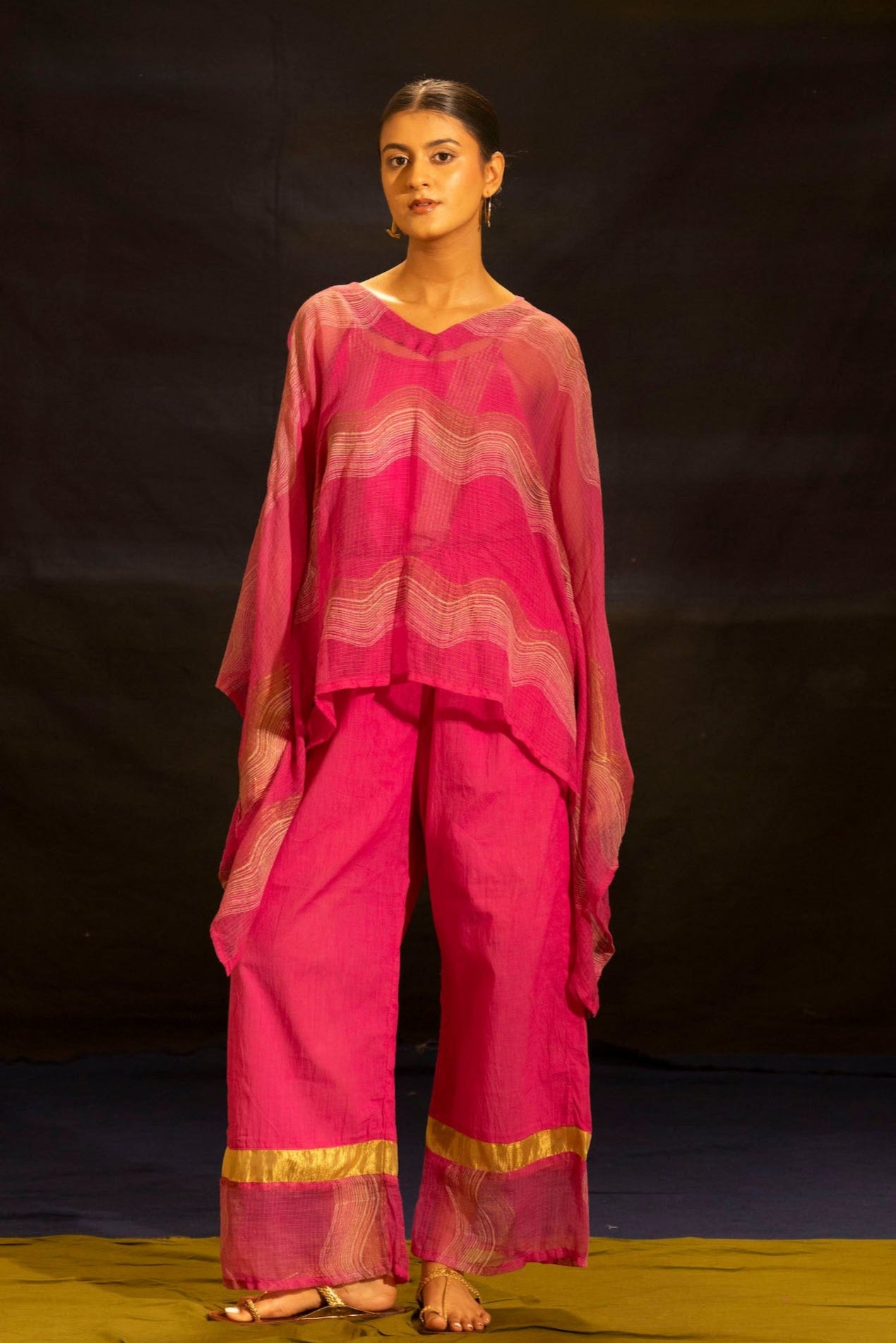 Illume Kota-Doria Shocker Pink Kaftan Set with Slip (Set of 3)