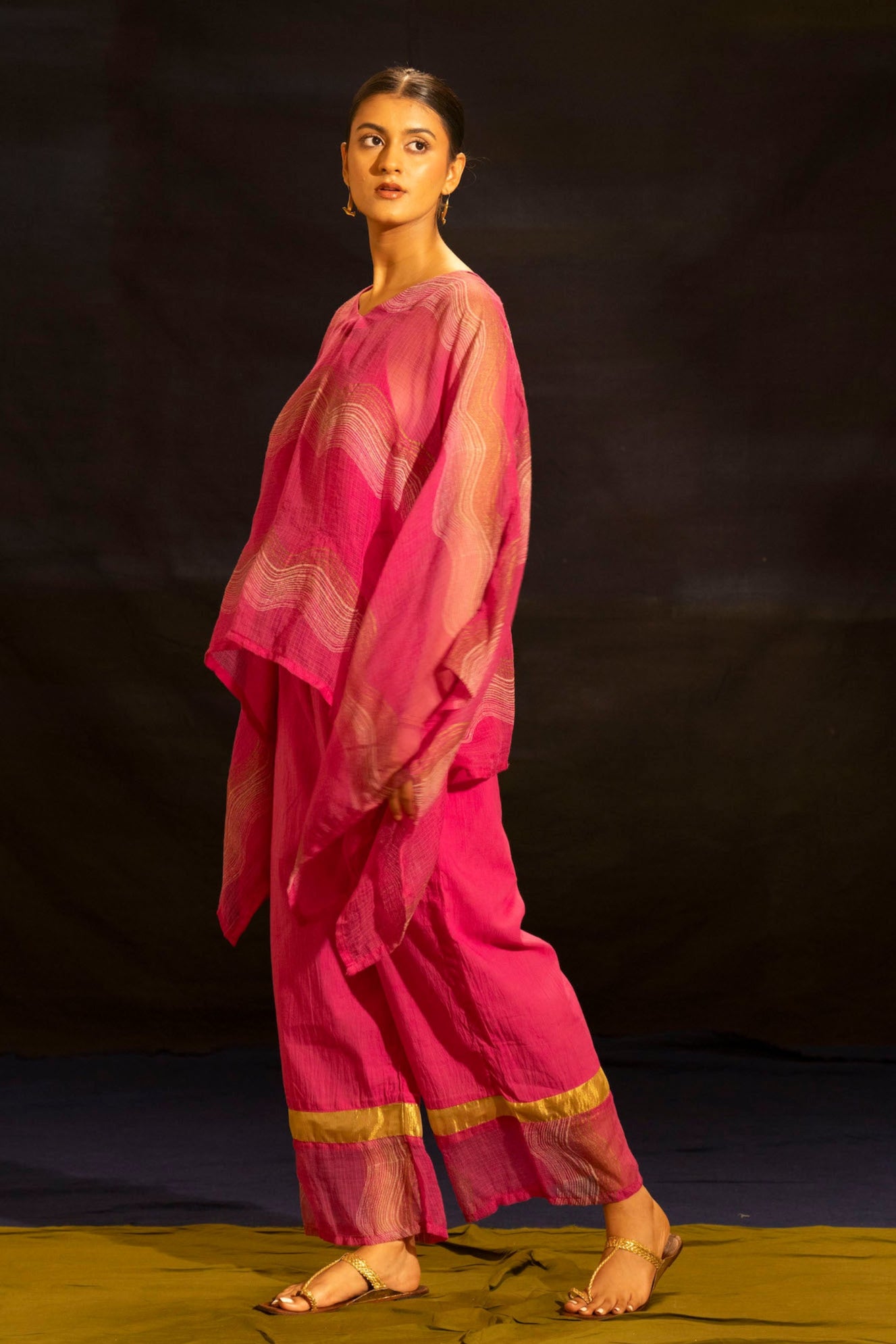 Illume Kota-Doria Shocker Pink Kaftan Set with Slip (Set of 3)