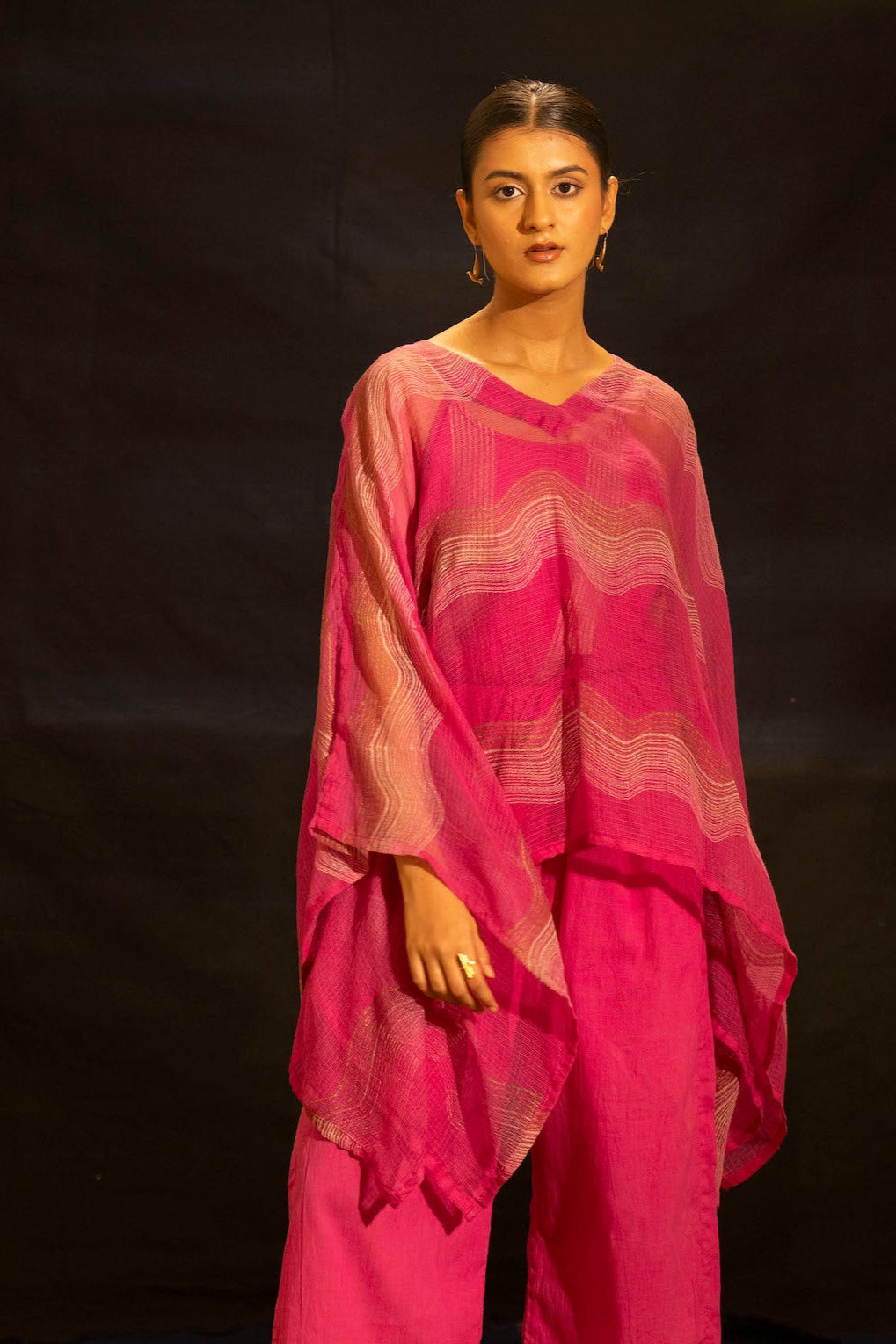 Illume Kota-Doria Shocker Pink Kaftan Set with Slip (Set of 3)